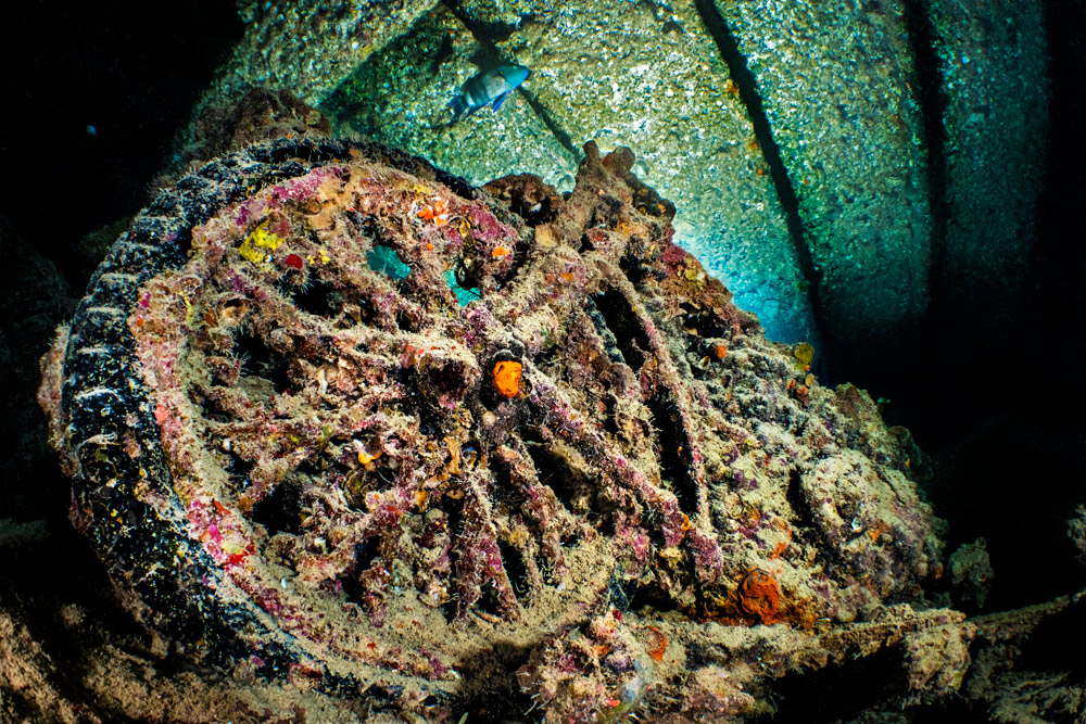 Steam locomotive from the Thistlegorm on the seabed